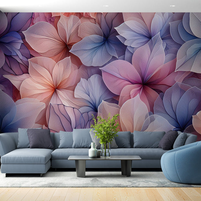 Papel de parede mural floral | Fundo de pétalas violeta, rosa e bege
