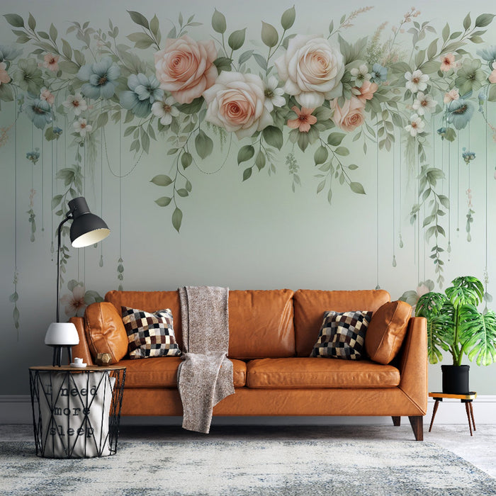 Pastel Floral Mural Wallpaper | Lineage of Green, Blue, and Pink Drooping Flowers
