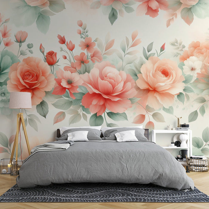 Papel de parede Mural Floral | Linhagem de rosas em tons pastel em um fundo branco