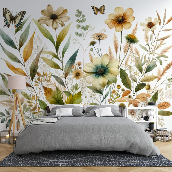 Papel de parede Mural Floral Pastel | Borboleta neutra e flor silvestre
