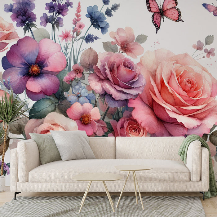 Papel de parede mural floral | Borboletas e flores grandes em um fundo branco