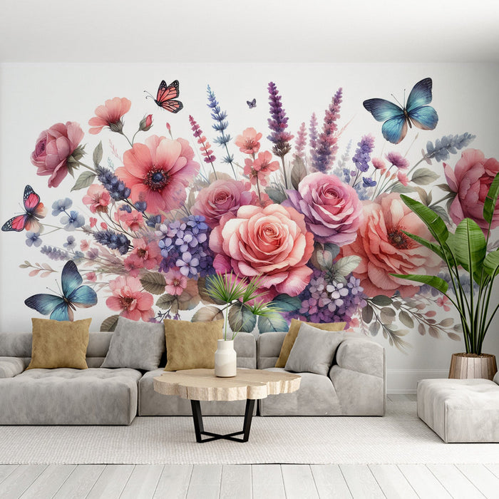 Papel de parede mural floral pastel | Borboletas voando sobre uma composição floral sublime