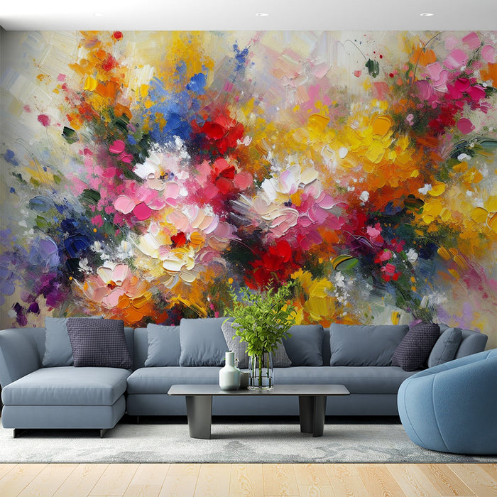 Pastel Floral Mural Wallpaper | Multicolored Painting on Light Canvas