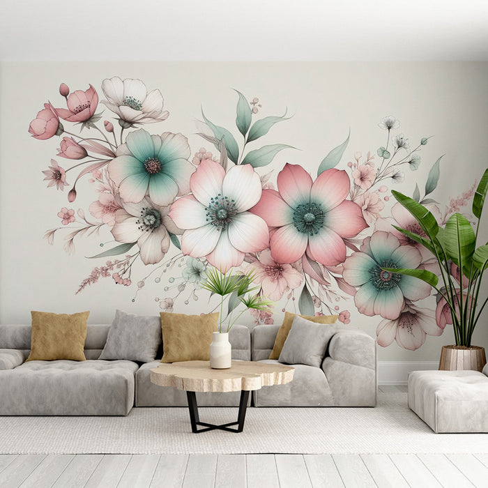 Papel de parede mural floral | Pétalas brancas, rosas e verdes
