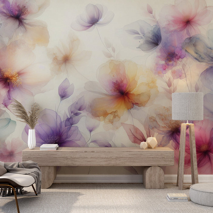 Pastel Floral Mural Wallpaper | Colorful Watercolor Petals in Purple and Yellow