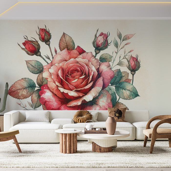 Papel de parede com mural de flores em tons pastel | Rosas vintage com folhas verdes