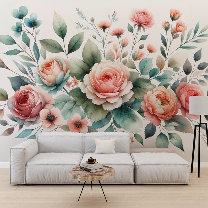 Papel de parede mural floral | Rosas com flores azuis e rosas