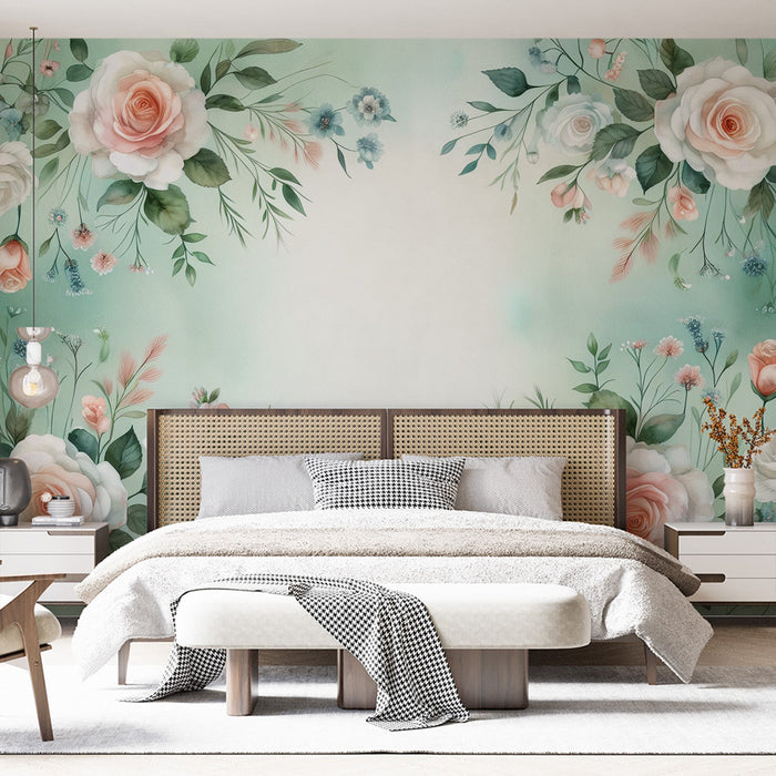 Pastel Floral Mural Wallpaper | Weiße Rosen auf grünem und weißem Hintergrund