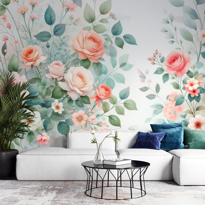 Pastel Floral Mural Wallpaper | Red and White Roses and Leaves