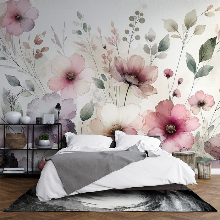 Papel pintado de mural floral pastel | Vintage con flores moradas y rosas