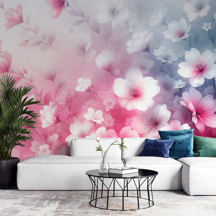 Pink Floral Mural Wallpaper | Field of Magnolias with Pink and Blue Gradient