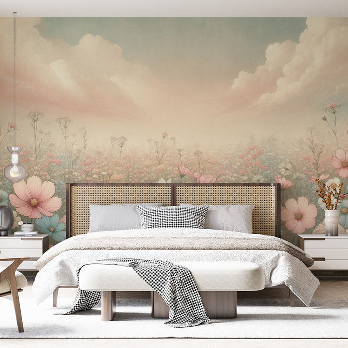 Pink Floral Mural Wallpaper | Field of Blue, White, and Pink Magnolias