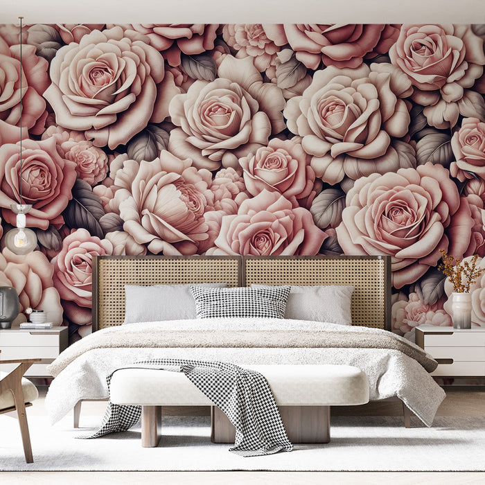 Pink Floral Mural Wallpaper | Pale-Toned Rose Field