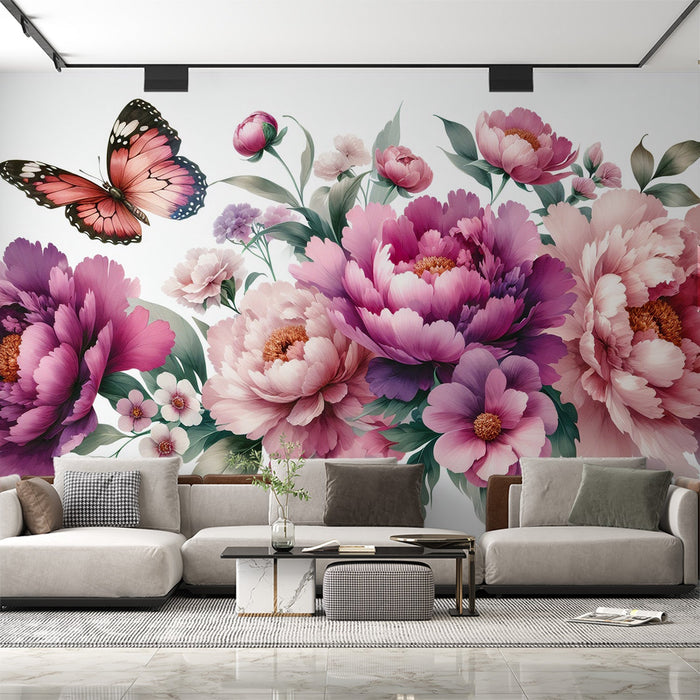 Pink Floral Mural Wallpaper | Pink and Purple Chrysanthemums and Magnolias with Butterfly