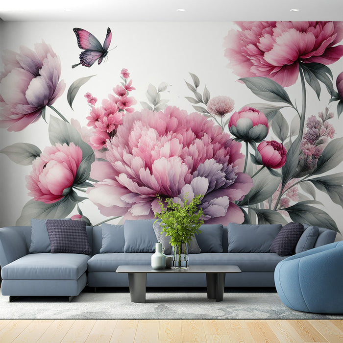 Pink Floral Mural Wallpaper | Pink Chrysanthemums and Butterfly