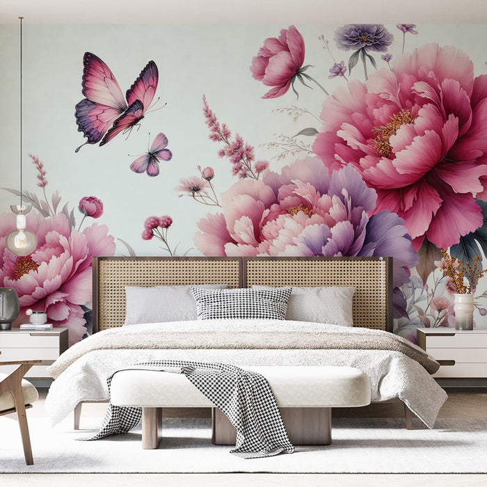 Pink Floral Mural Wallpaper | Violet and Pink Chrysanthemums with Butterflies