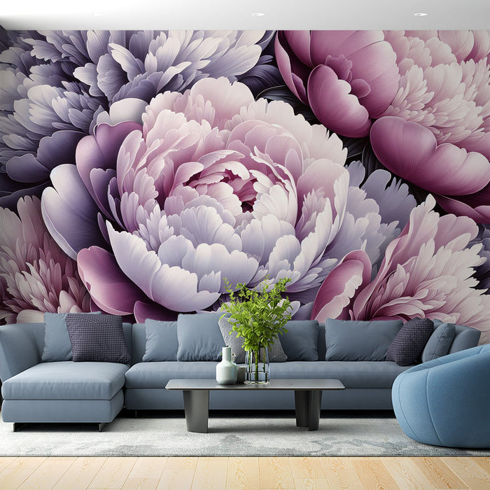 Pink Floral Mural Wallpaper | Violet Chrysanthemums and Massive Roses