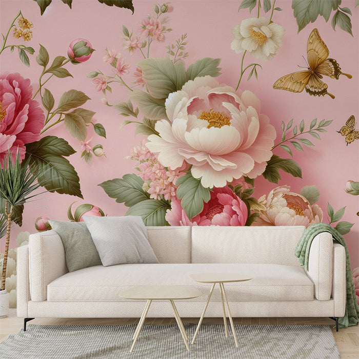 Pink Floral Mural Wallpaper | Vintage Pink and White Chrysanthemums with Butterflies