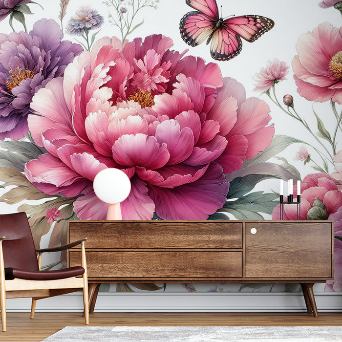 Floral Pink Mural Wallpaper | Chrysanthemums, Green Leaves, and Butterflies on White Background