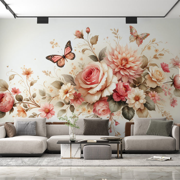 Pink Floral Mural Wallpaper | Floral Composition with Roses and Green Leaves