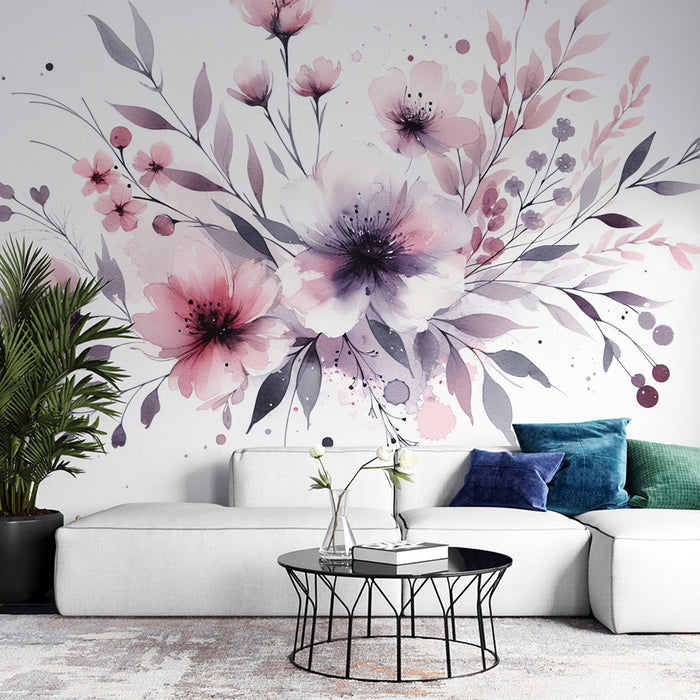 Pink Floral Mural Wallpaper | Violet and Pink Magnolia Floral Composition