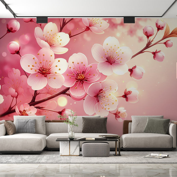 Pink Floral Mural Wallpaper | Pink Cherry Blossoms with Golden Stamen
