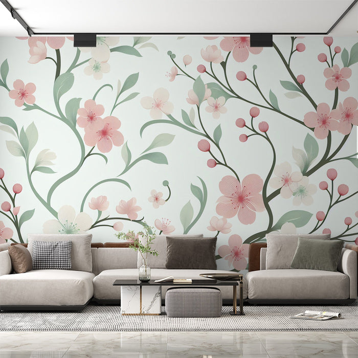 Pink Floral Mural Wallpaper | Pink and White Cherry Blossoms with Green Branches