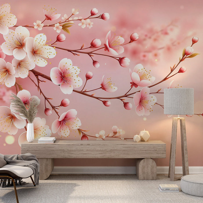 Pink Floral Mural Wallpaper | White and Pink Cherry Blossoms with Golden Stamen