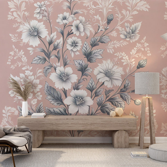 Pink Floral Mural Wallpaper | Black and White Flowers on a Salmon Background