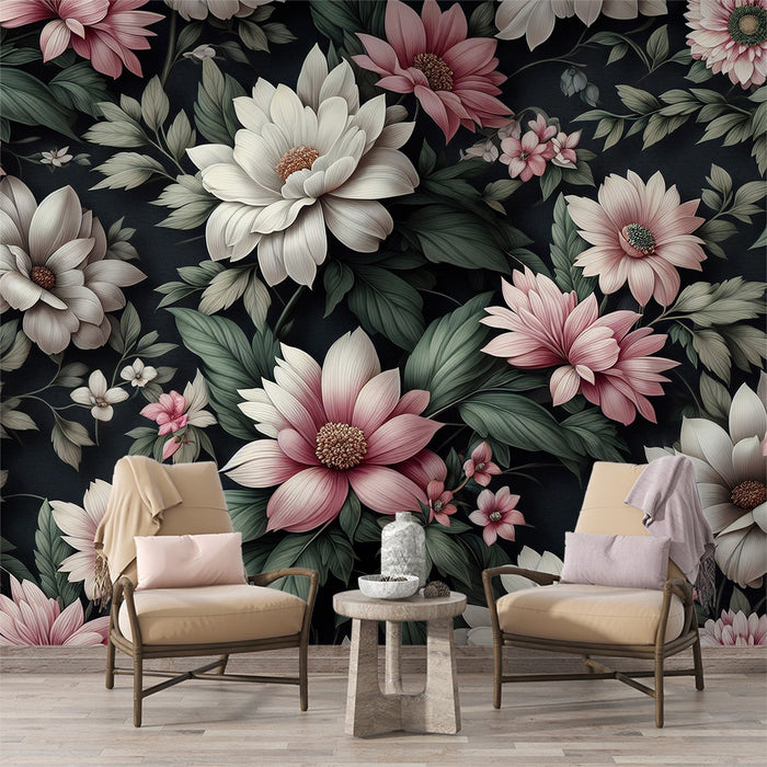 Pink Floral Mural Wallpaper | Pink and White Flowers on Vintage Black Background