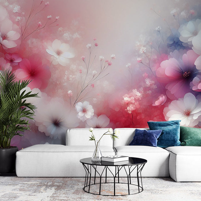 Pink Floral Mural Wallpaper | Colorful Watercolor Magnolia in Roses, Whites, and Blues