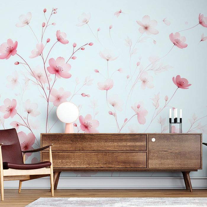 Pink Floral Mural Wallpaper | Pink Magnolias on a Blue Background