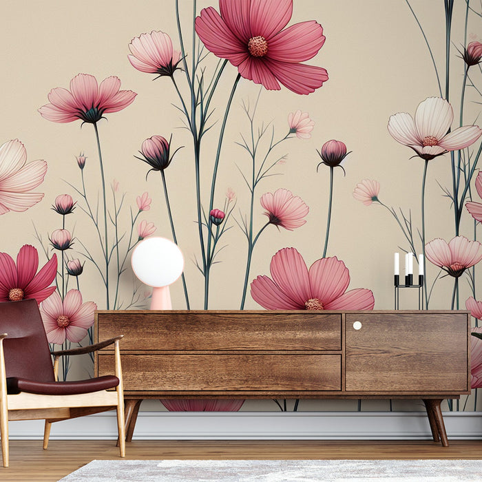 Pink Floral Mural Wallpaper | Vintage Magnolias in Pink and Red