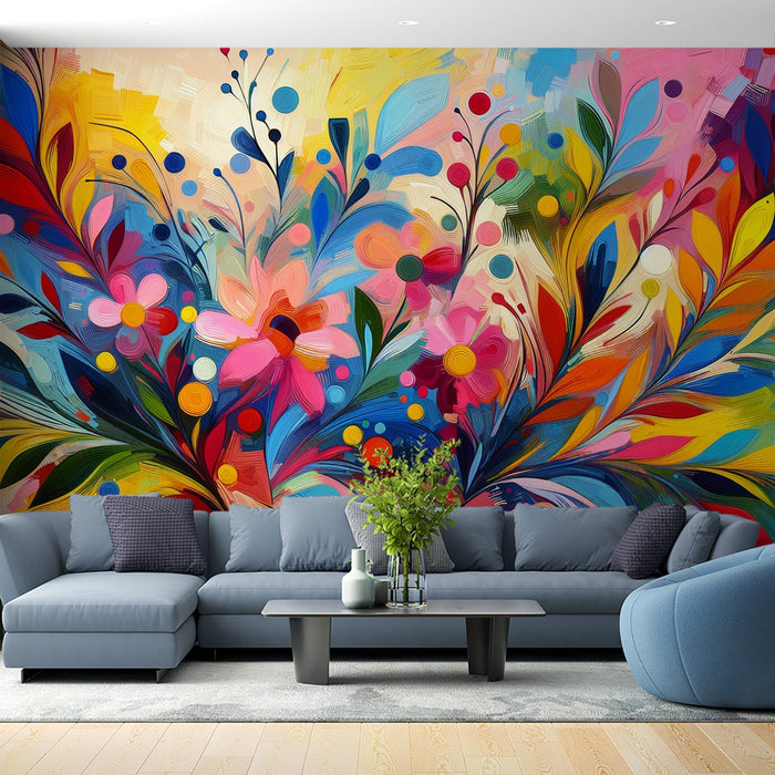 Pink Floral Mural Wallpaper | Colorful Modern Art Painting