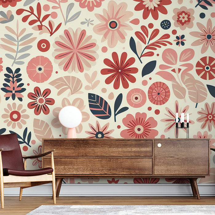 Pink Floral Mural Wallpaper | Retro with vibrant colors and light background
