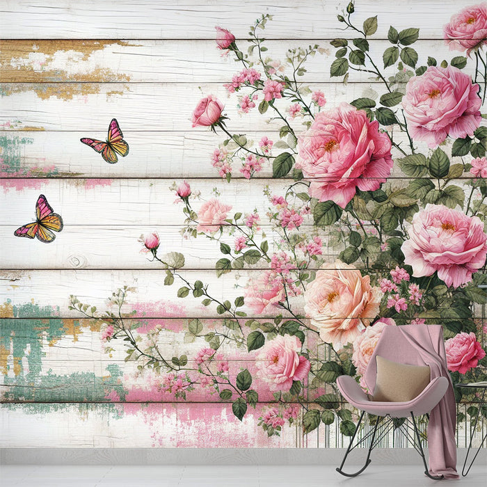 Floral Pink Mural Wallpaper | Spiky Rose on Aged White Wood Background