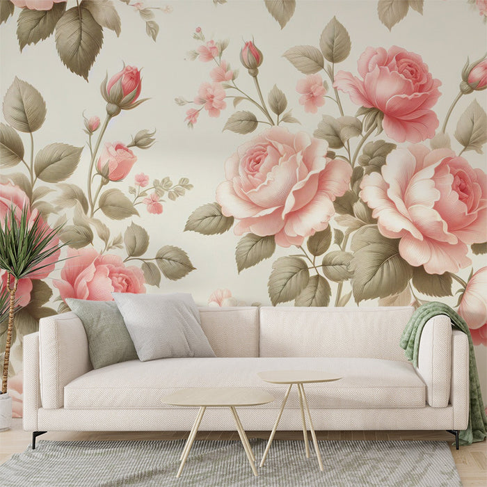 Pink Floral Mural Wallpaper | Roses and Green Leaves on a Pale Background