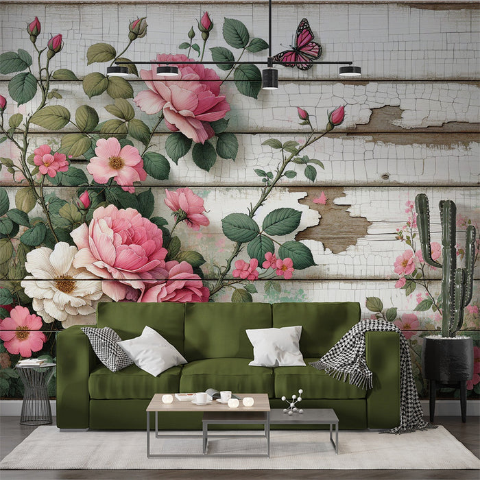 Pink Floral Mural Wallpaper | Roses on Aged Wooden Background