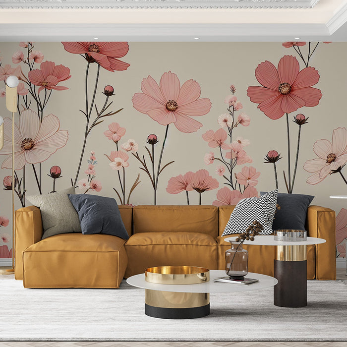 Pink Floral Mural Wallpaper | Red and Pink Magnolia Stems