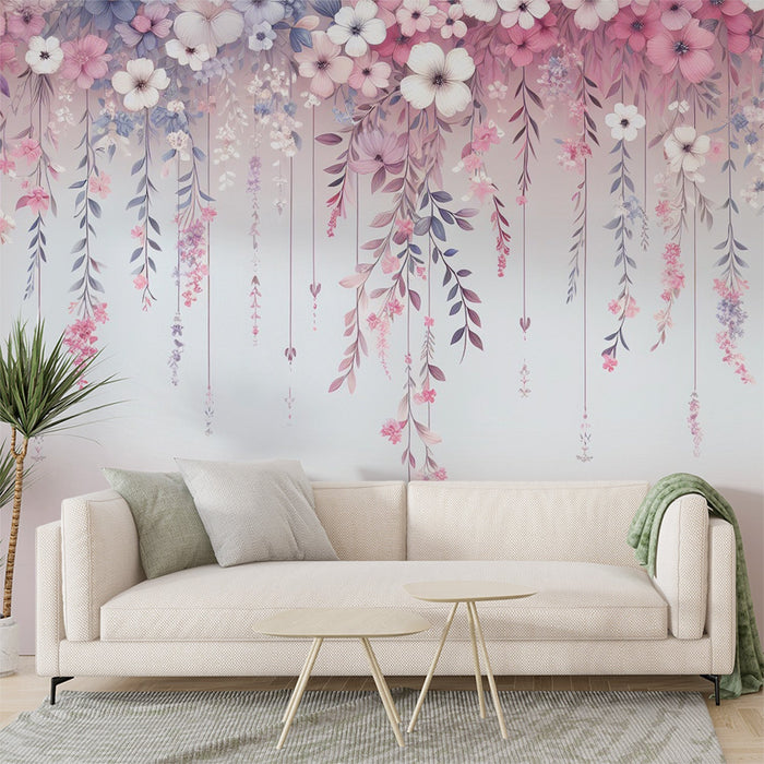 Pink Floral Mural Wallpaper | Cascade of Purple, Pink, and White Flowers