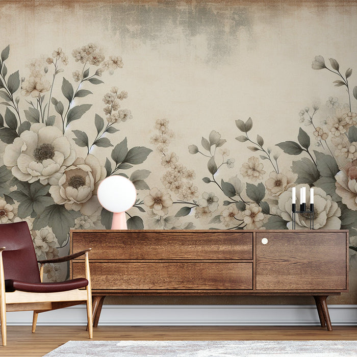 Papel de parede Mural Floral Vintage | Camélias brancas e folhagem verde