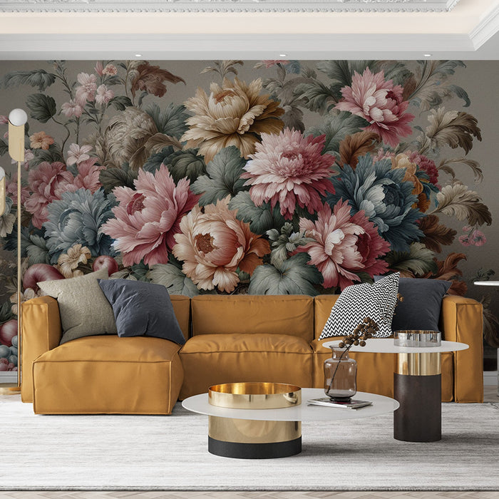Vintage Floral Mural Wallpaper | Chrysanthemums with Fruits and Vase