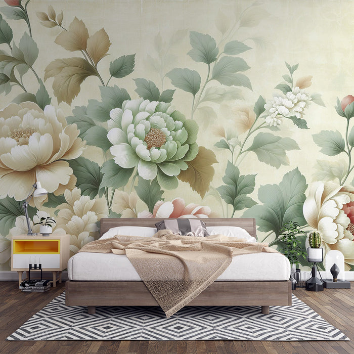 Papel de parede mural floral vintage | Crisântemos verdes, rosa e brancos