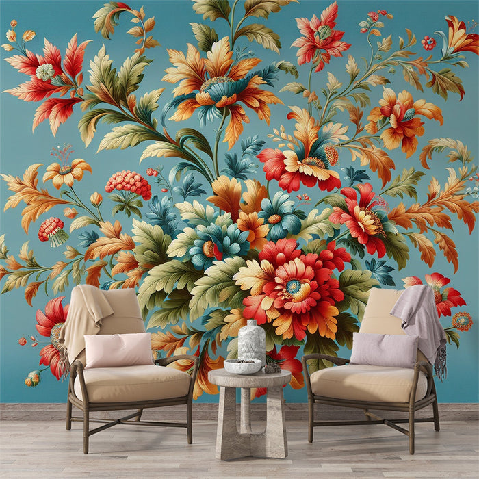 Papel de parede Mural Floral Vintage | Flores Coloridas em Fundo Azul
