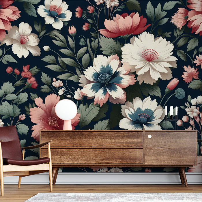 Vintage Floral Mural Wallpaper | Colorful Cosmos Flowers on a Black Background
