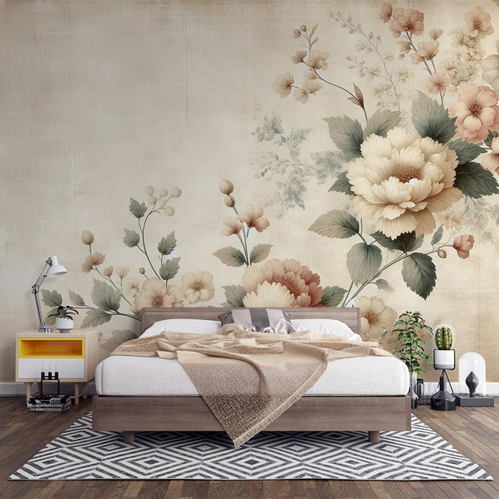 Papel de parede mural floral vintage | Fundo vintage envelhecido com flores brancas e rosas