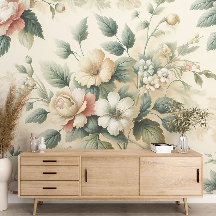 Vintage Floral Mural Wallpaper | White and Pink Magnolias with Green Leaves