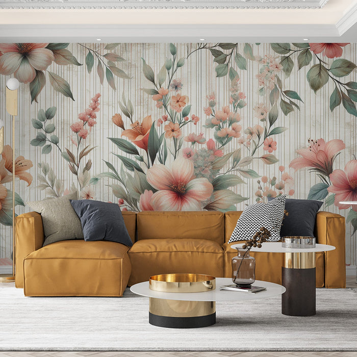 Papel pintado de mural floral vintage | Magnolias rosas y naranjas sobre fondo a rayas