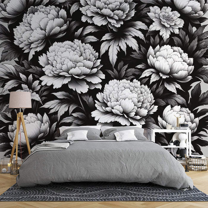 Papel de parede mural vintage floral | Preto e branco com flores grandes