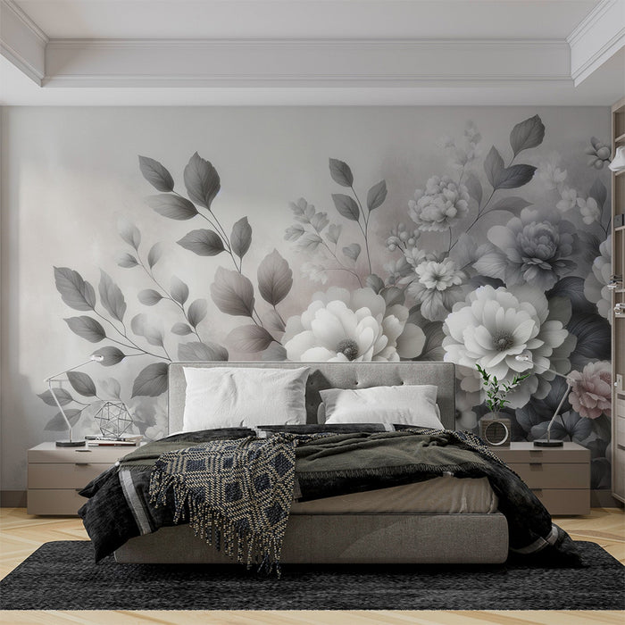 Papel de parede Mural Floral Vintage | Preto e Branco com Tons de Rosa